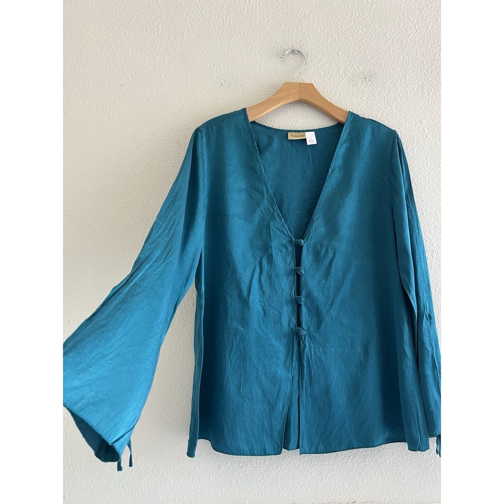Vintage Fredericks 100% Silk Top Teal Green Frog Knot Bell Sleeve Large *Flawed